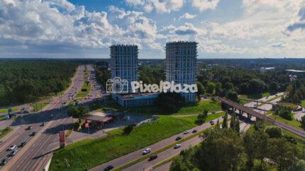 Drone View of Järve Twin Towers and Busy Highway - Tallinn, Estonia